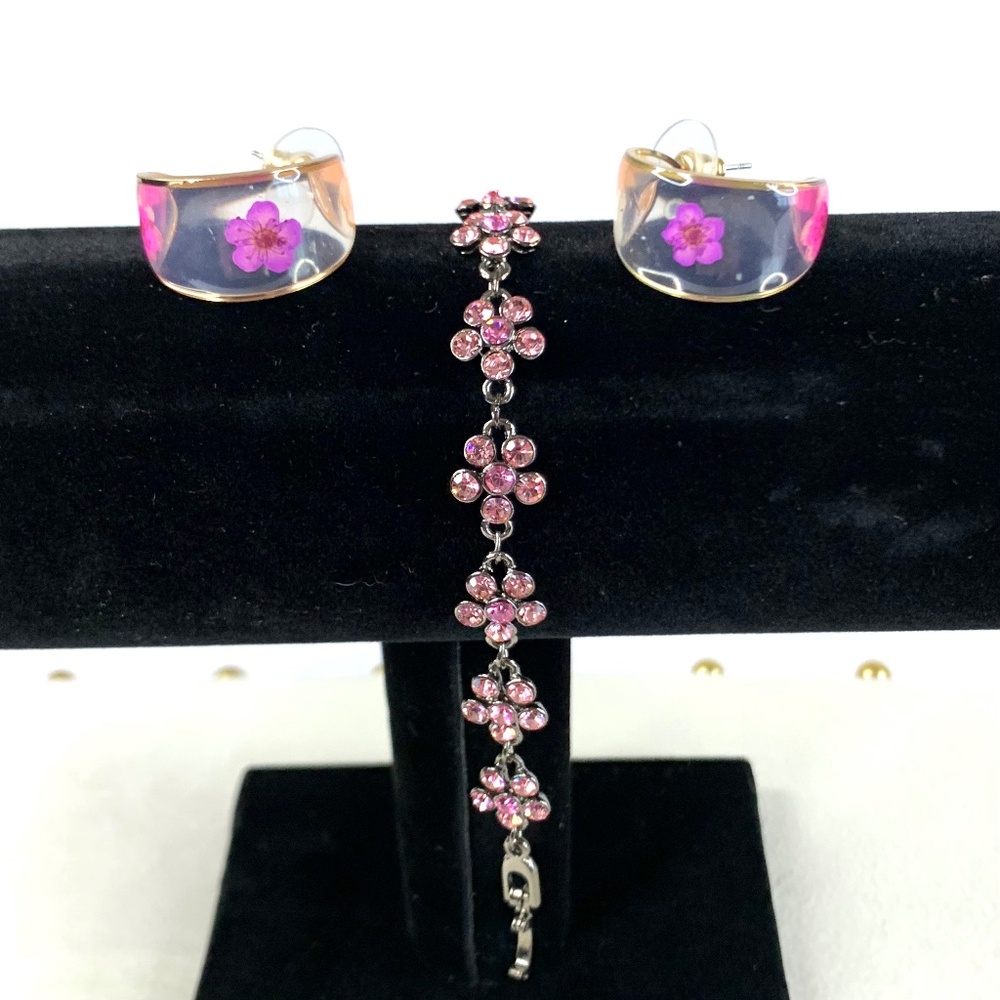 Pink Floral Hoop Earrings & Sparkly Flower Rhinestone Link Bracelet Balletcore